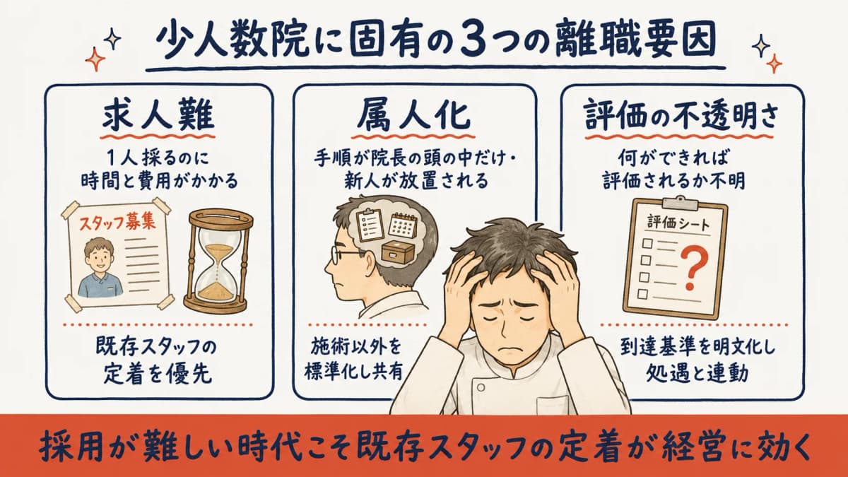 整骨院でスタッフが定着しない3つの構造的要因の図