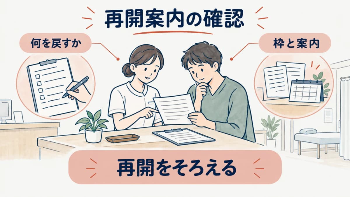 予約枠と再開案内を確認する線画