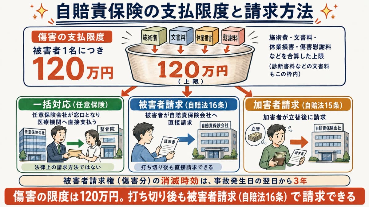 自賠責保険の傷害の支払限度120万円と、一括対応・被害者請求・加害者請求の関係を示した図