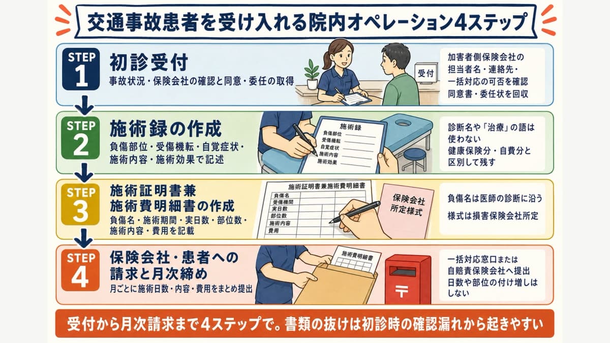 交通事故患者を受け付けてから月次請求までの院内オペレーション4ステップのフロー図