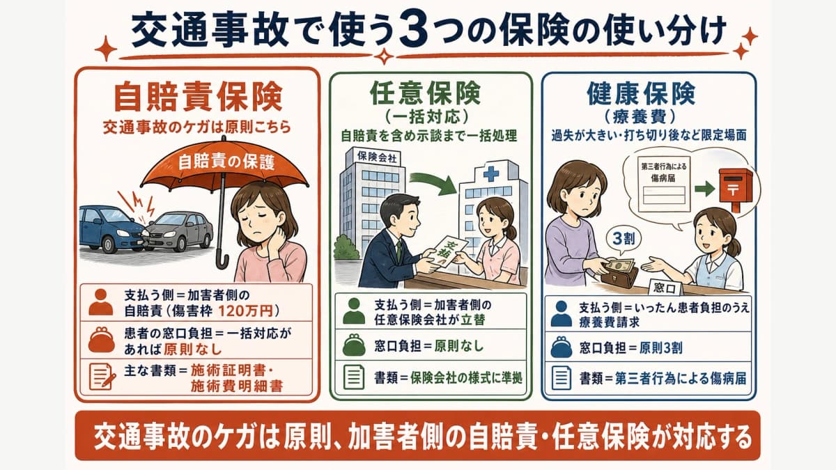 自賠責・任意保険・健康保険の使い分けと整骨院の位置づけを示した早見図
