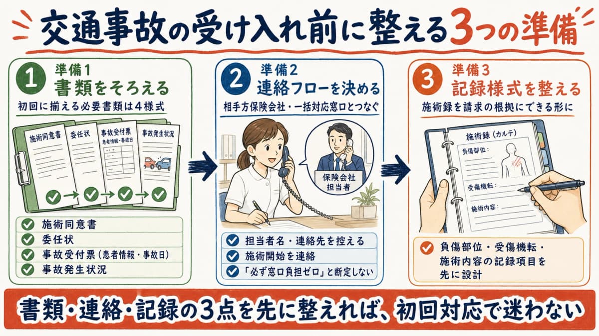 交通事故施術を受け入れる前に整える書類・連絡・記録の3準備を示した図