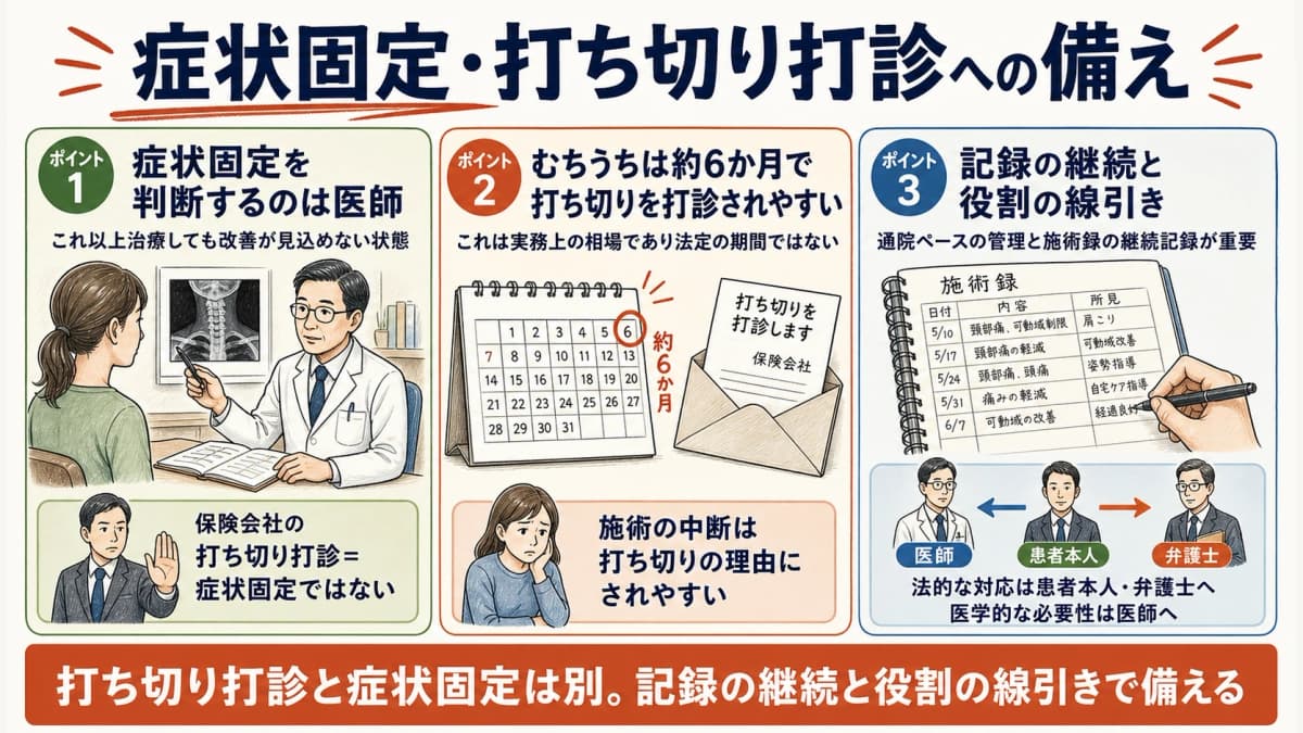 症状固定・打ち切り打診への備えと記録の継続を示した図