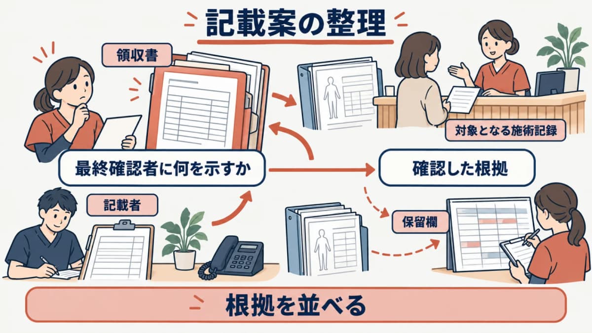領収書の但し書きを依頼整理から最終確認まで四段階で確認する表