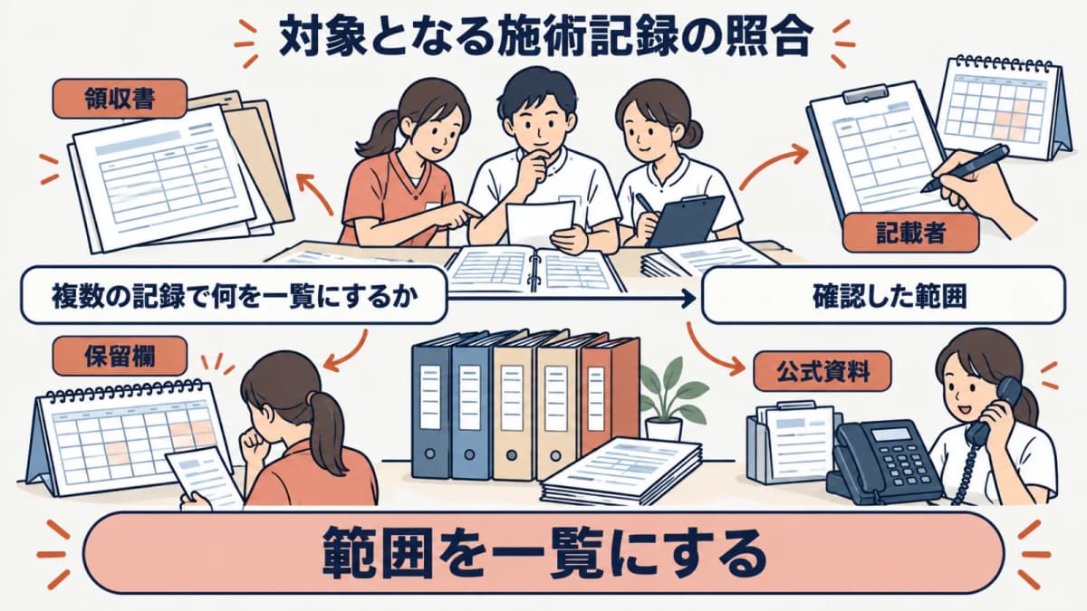 対象となる施術記録と交付記録を照合して範囲を残す図