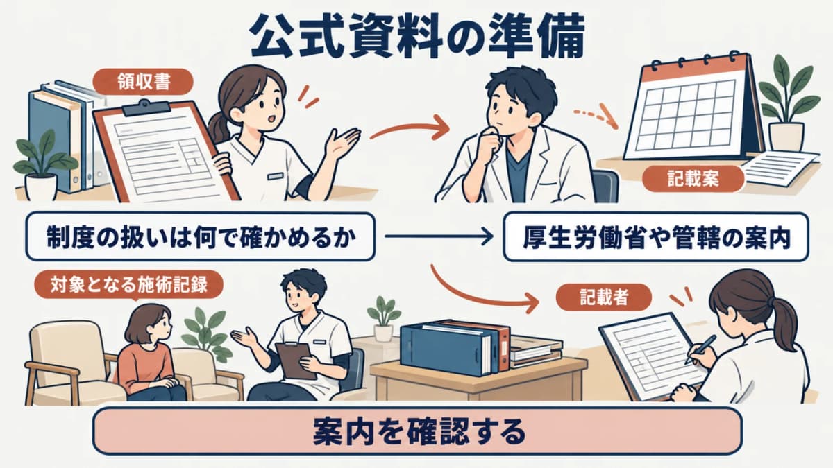 公式資料と相談先を確認し回答の根拠を受付票へ戻す流れ