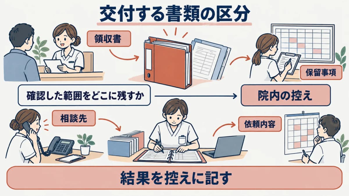 交付する書類と院内の対応記録を別の役割として整理する図