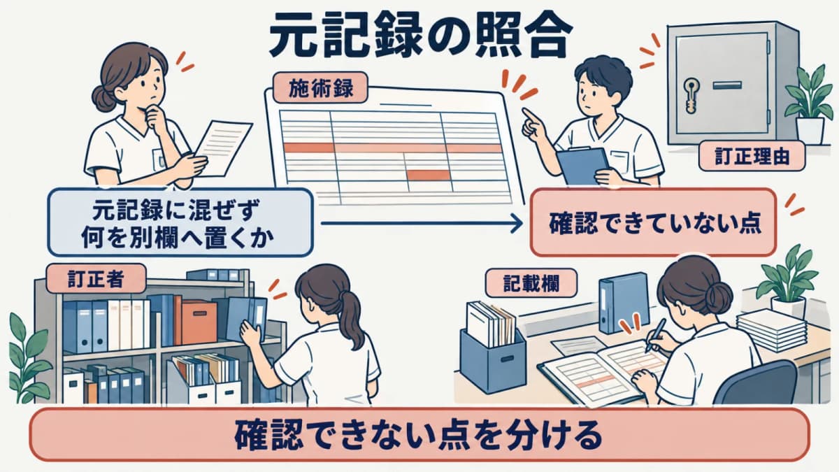元記録と確認できた事実を別の欄に残して訂正前に照合する図