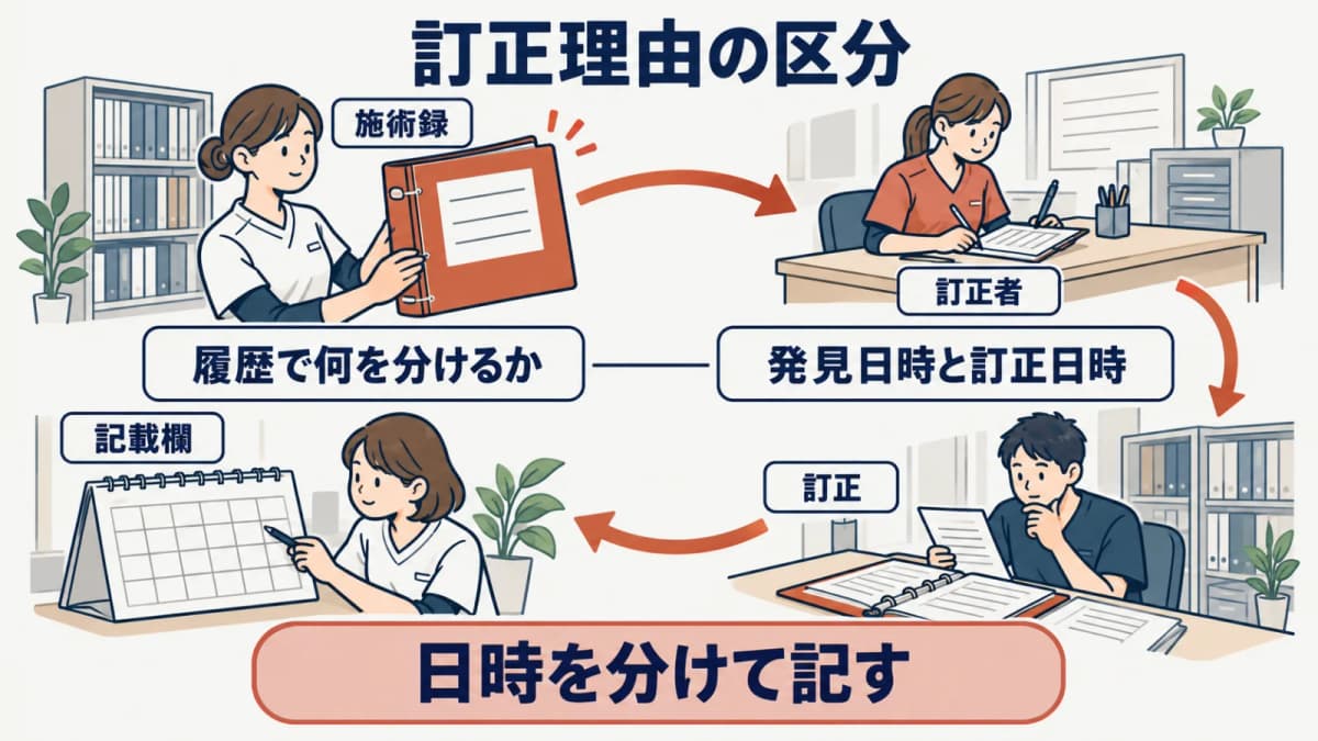 訂正理由と発見日時と訂正日時を分けて残す訂正履歴カード