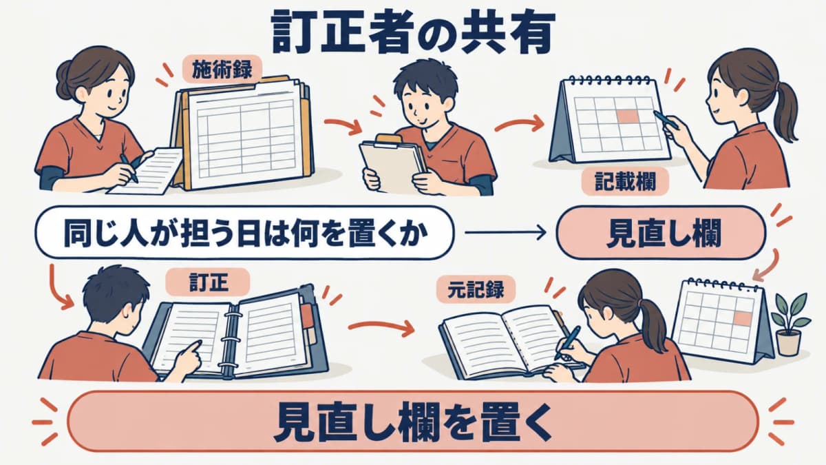 訂正した人と見直す人の役割を分けて記録する流れ