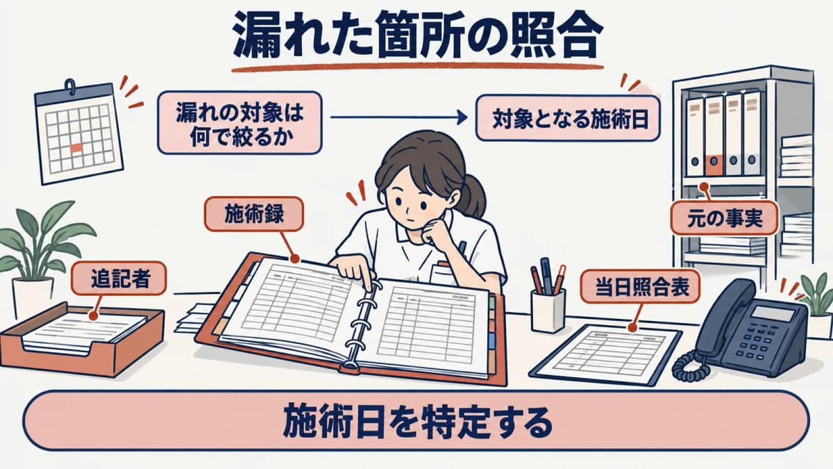 漏れた箇所と対象の施術日と元の事実を先に特定する図