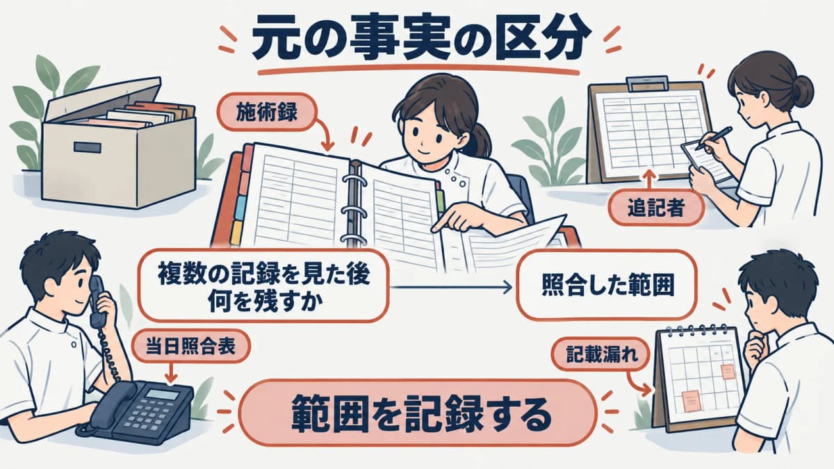 元の事実を確認できた内容と未確認の内容に分ける照合図