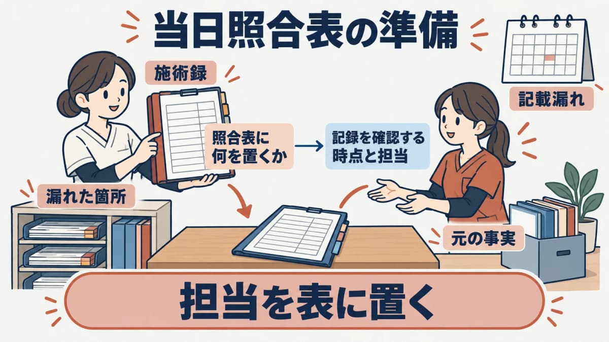当日照合表で確認時点と担当と保留事項を分ける図
