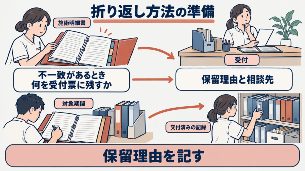保留理由と相談先と折り返し方法を一つの受付票に残す図