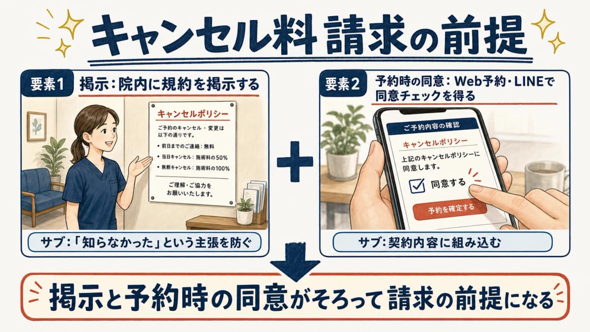 キャンセルポリシーの掲示と予約時の同意がキャンセル料請求の前提になることを示す図