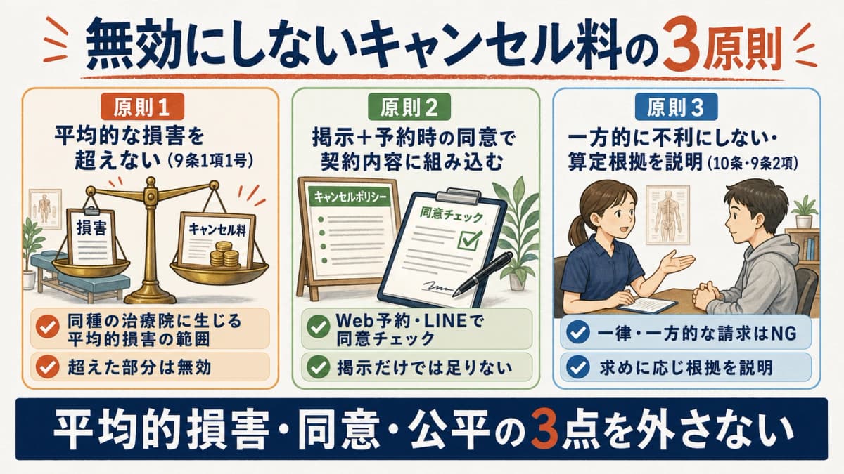 消費者契約法で無効にしないキャンセル料の3原則(平均的損害・同意・一方的に不利にしない)の図