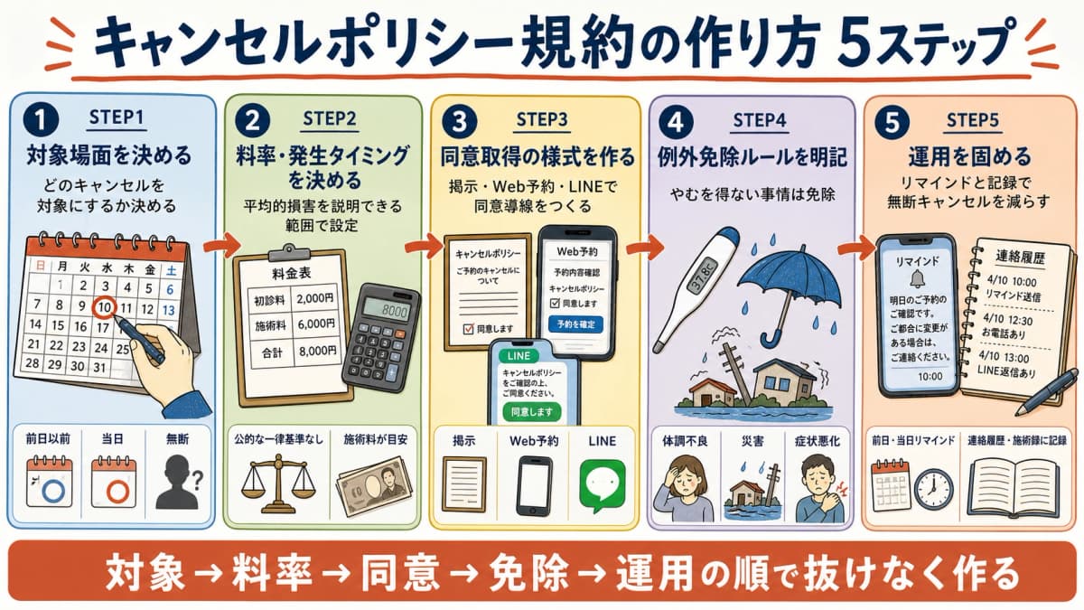 キャンセルポリシー規約の作り方5ステップのフロー図