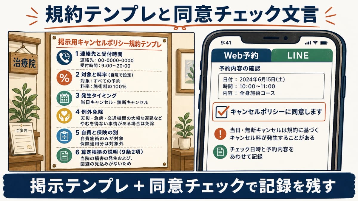掲示・Web予約・LINEでの同意取得の様式と同意チェック文言のイメージ図
