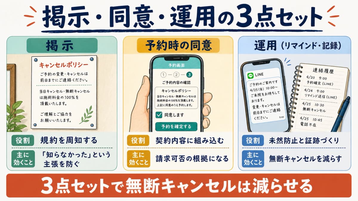 掲示・予約時の同意・運用の3点セットで無断キャンセルを抑える仕組みの図
