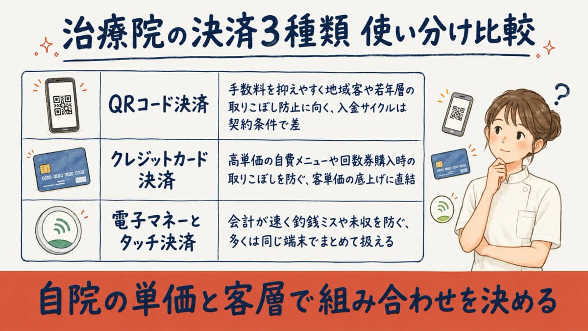 QR・クレジットカード・電子マネーの治療院での使い分け比較表