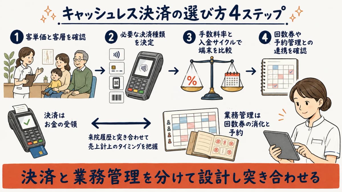 キャッシュレス決済を選ぶ4ステップと回数券・予約管理の連携イメージ