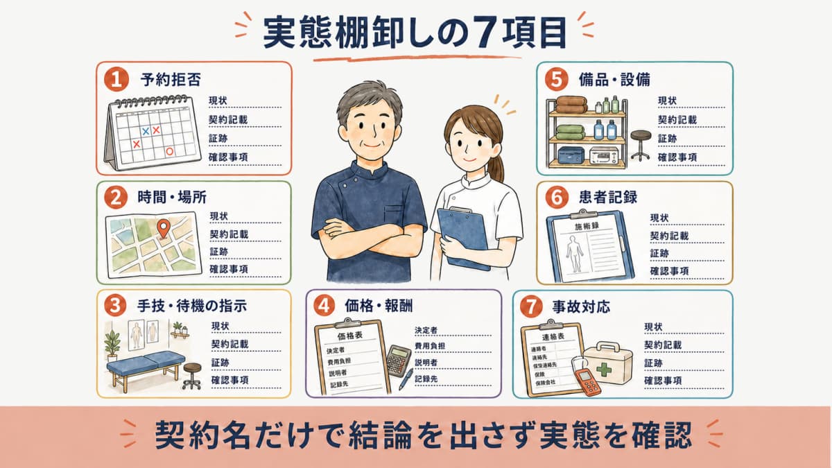 業務委託の実態を予約拒否や指示や価格や記録など7項目で棚卸しするカード