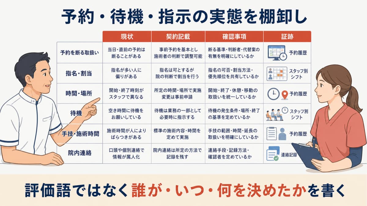 予約や待機や指示について現状と契約記載と確認事項を並べる3列表