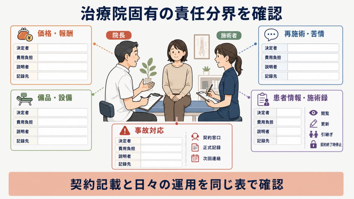 価格と備品と再施術と患者記録と事故対応の決定者を整理する責任分界図