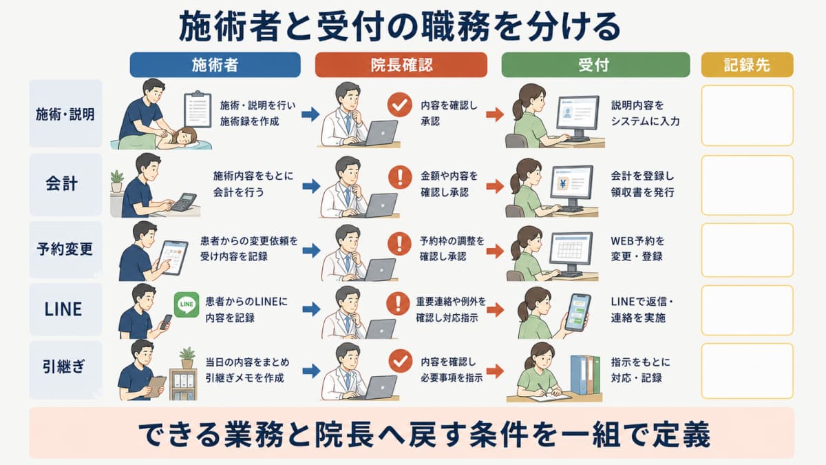 施術者と受付について施術や説明や記録や予約などの担当業務を比べる表