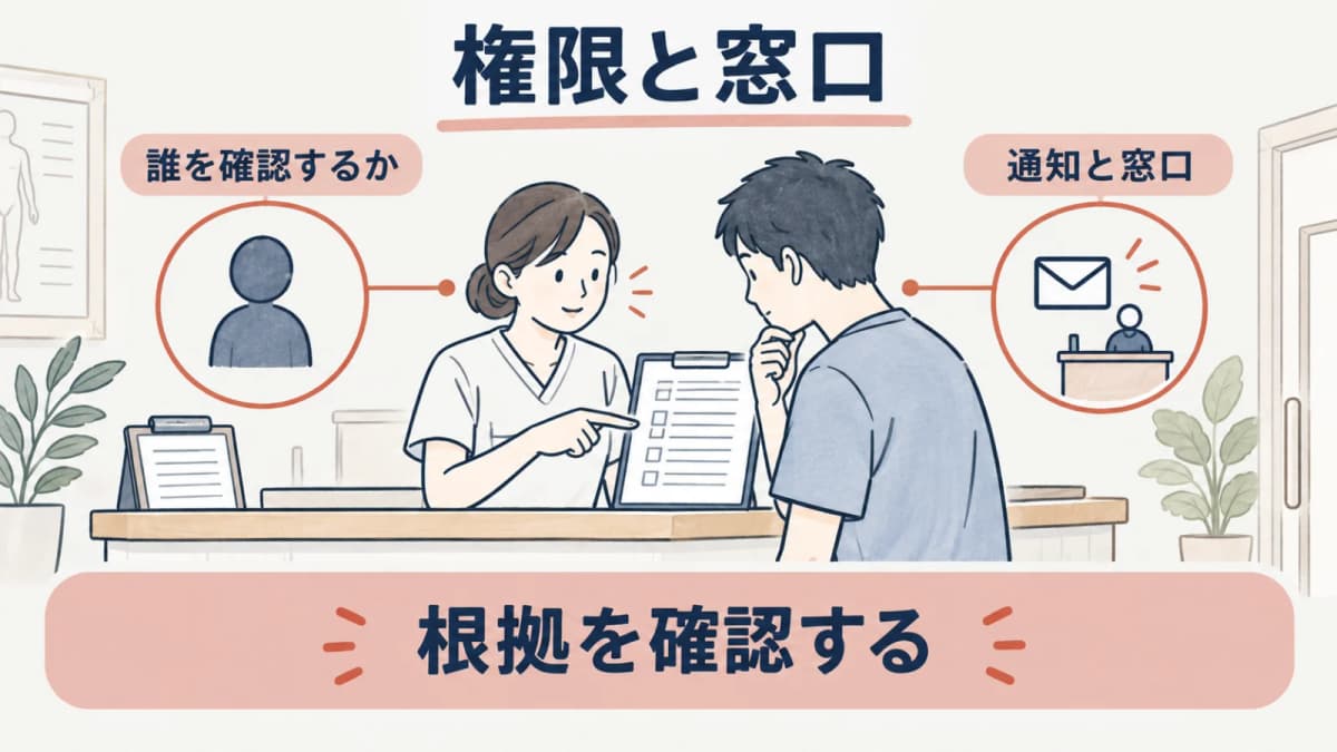 法令上の権限と実務の窓口を確認する線画