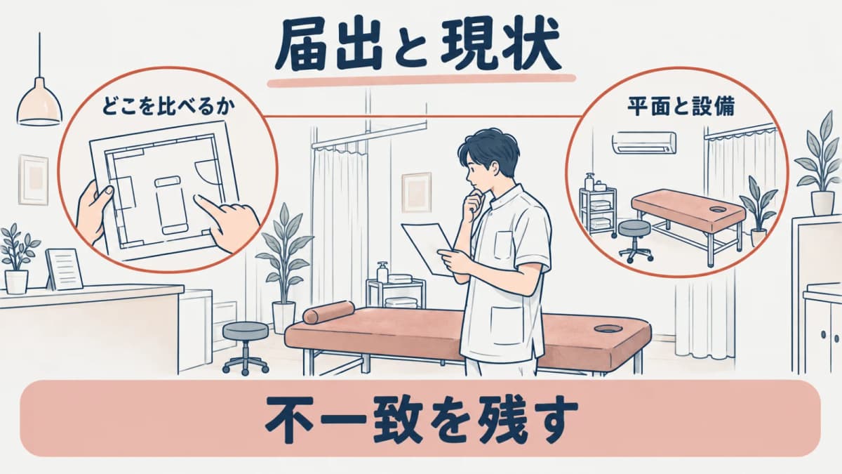 平面図と現在の院内を照合する線画