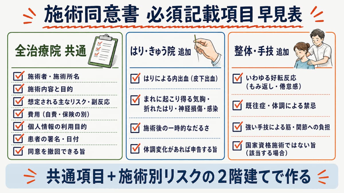 全治療院共通・鍼灸院・整体の施術同意書の必須記載項目チェックリスト早見表