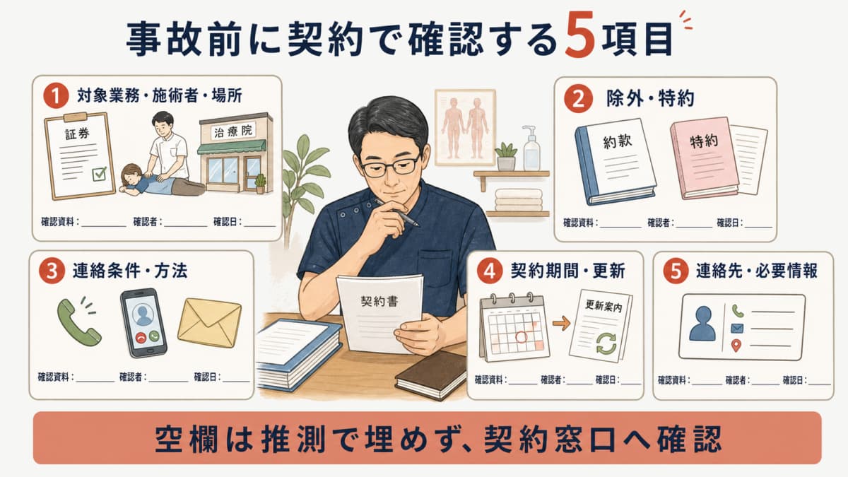 治療院が事故前に契約で確認する対象と除外と連絡条件など5項目のカード