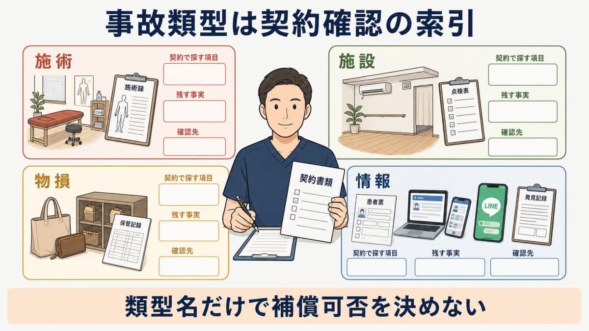 施術と施設と物損と情報事故ごとに契約確認箇所と記録を並べた比較表
