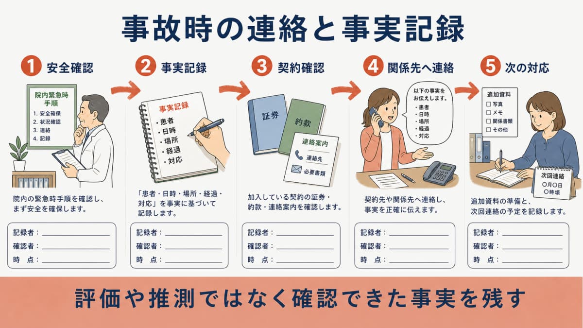 事故発生から安全確認と事実記録と契約確認と関係先連絡までのフロー