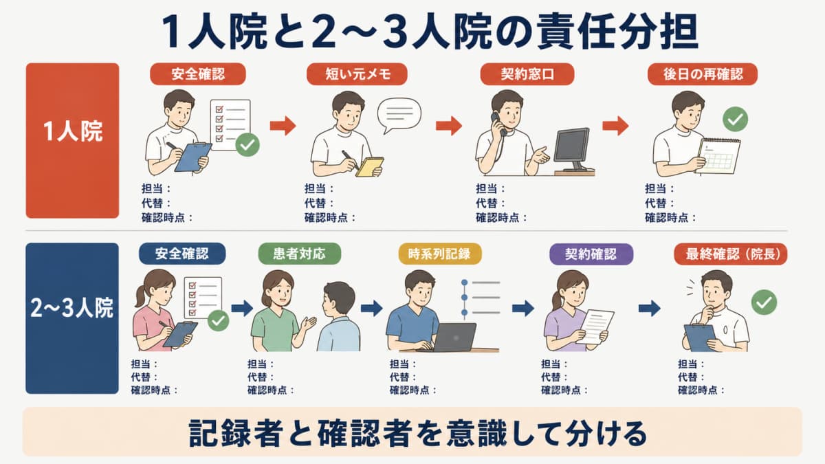 1人院と2〜3人院で安全確認と連絡と記録と確認を分担する表