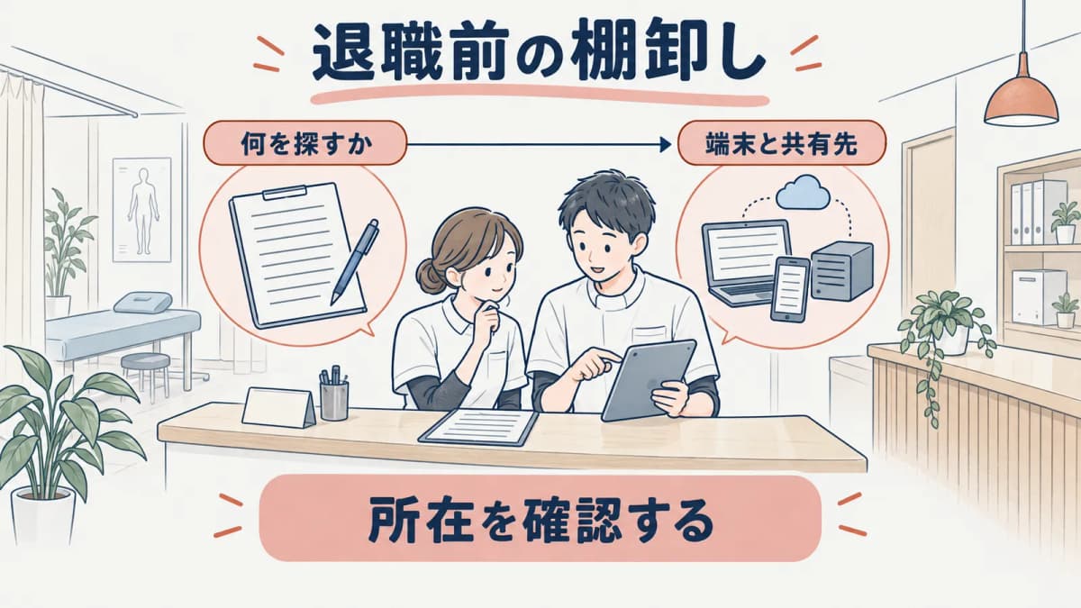 退職前に端末と共有先の所在を確認する線画