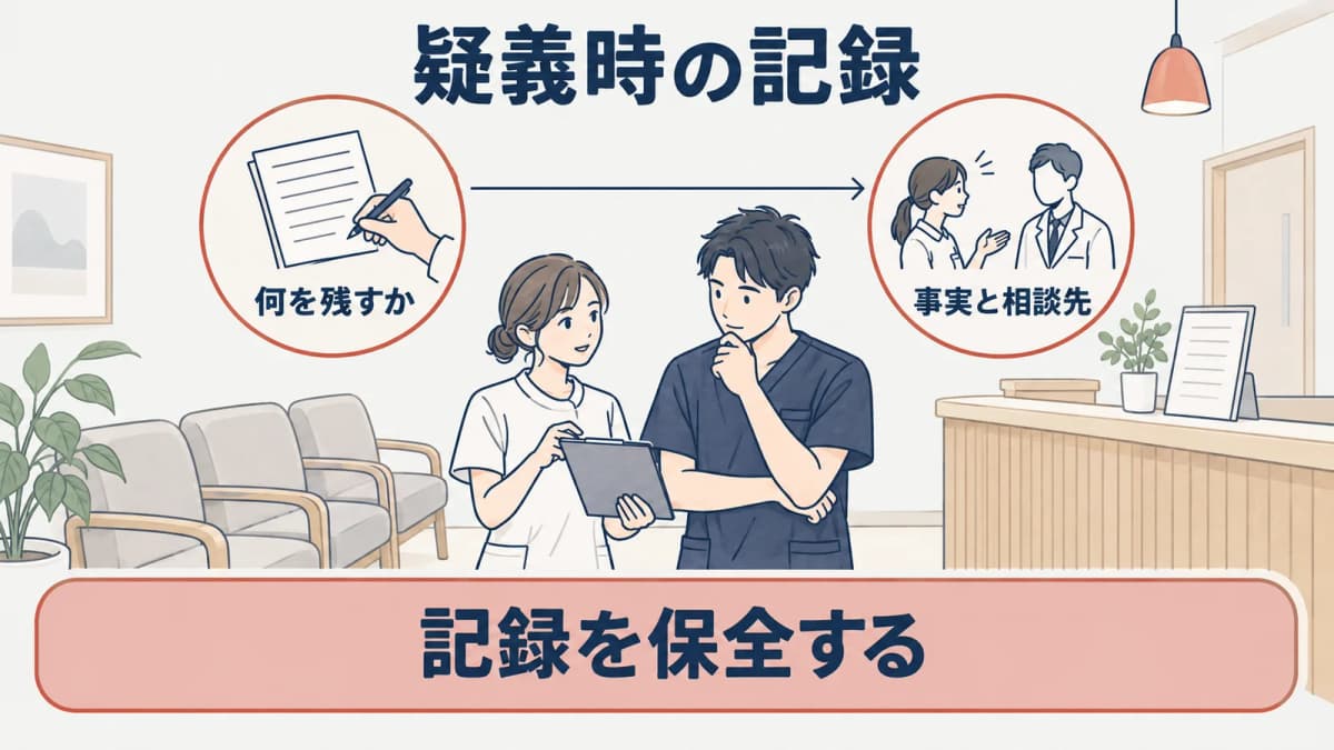疑義時の事実と相談先を記録する線画
