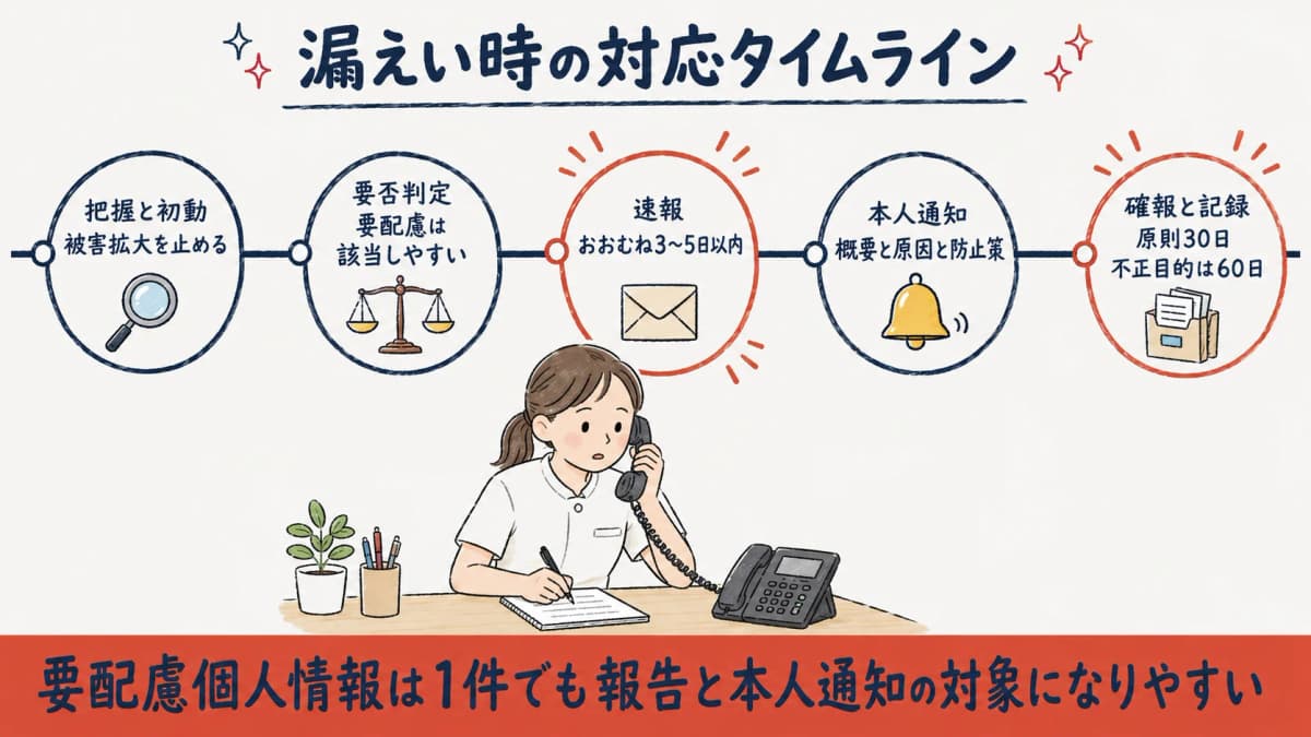 漏えい発生から速報・本人通知・確報・記録までの対応タイムライン図