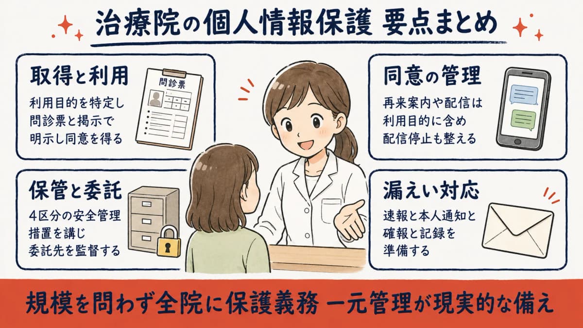 治療院の個人情報保護を取得・利用・保管・漏えい対応で整理した要点まとめ図