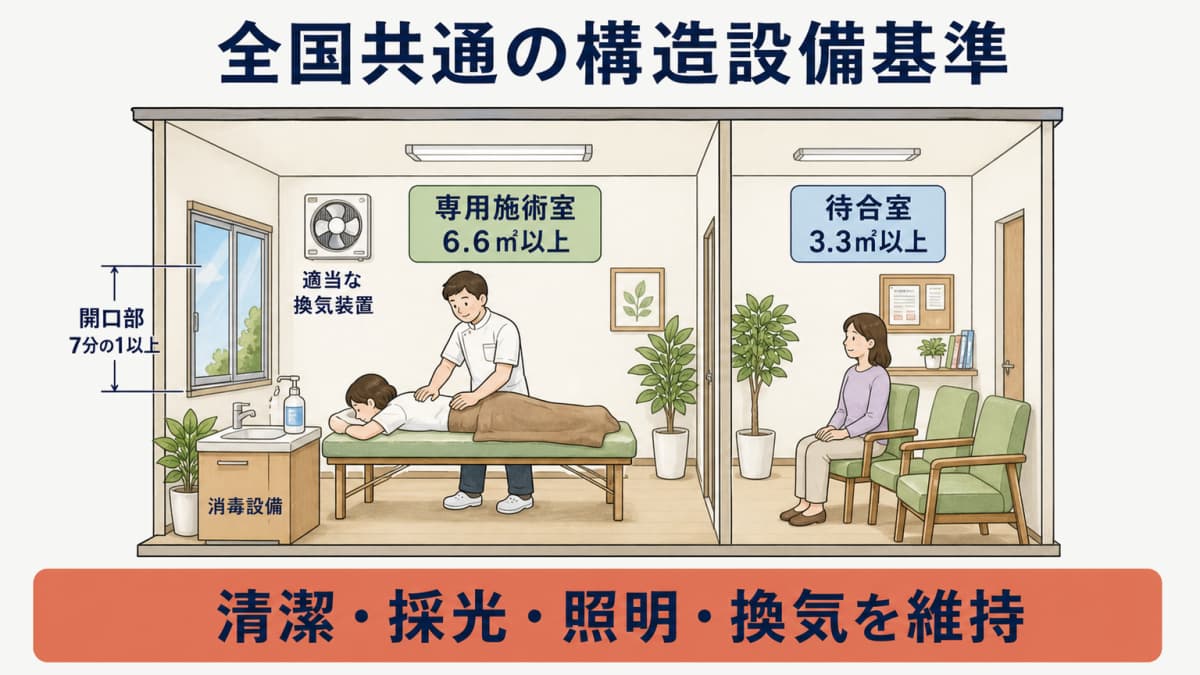 施術所の面積と換気と消毒設備に関する全国共通要件の早見カード