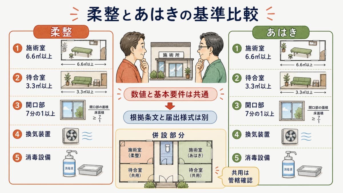 柔整とあはきの構造設備基準で同じ数値と確認事項を対応させた比較図