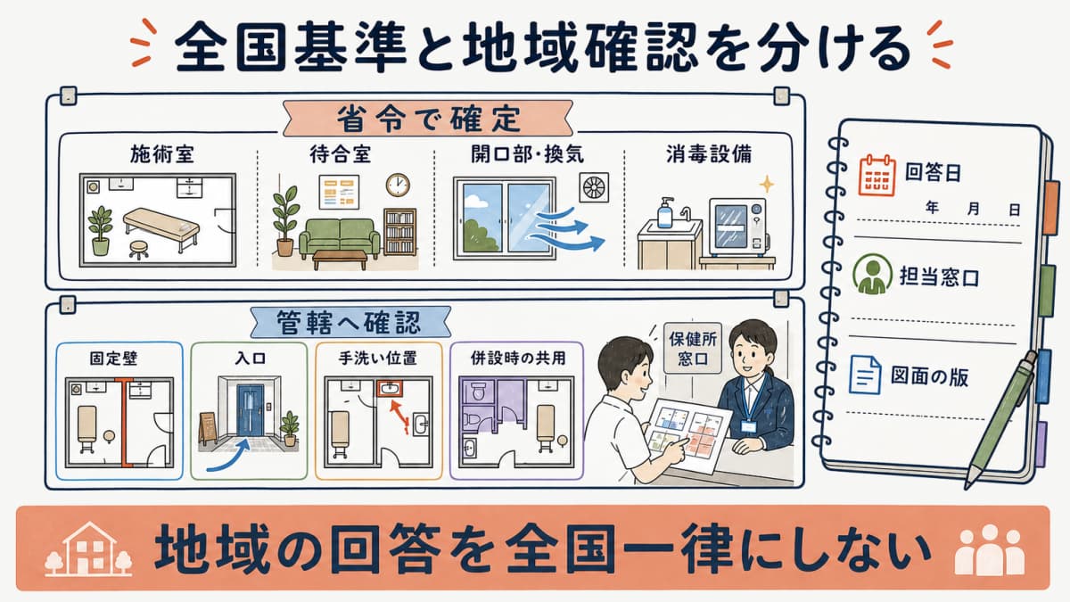 施術所の全国共通省令要件と地域へ確認する指導事項を分けた二層表