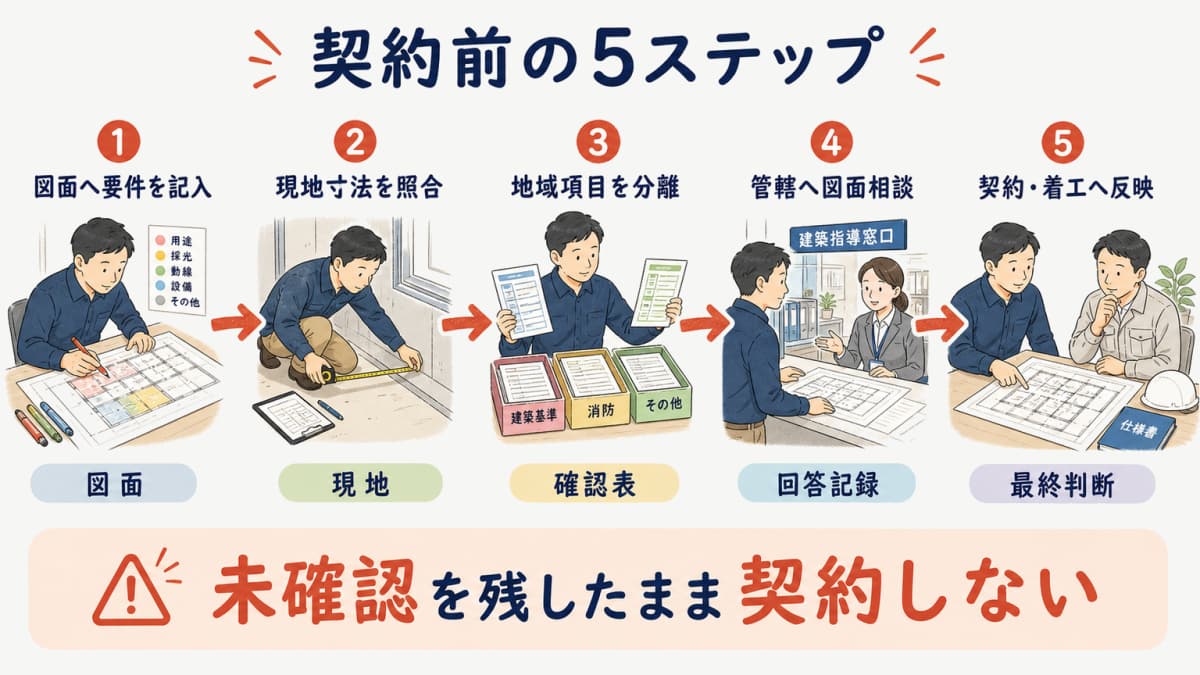 施術所物件の契約前に全国要件と地域事項を確認する5ステップ工程図